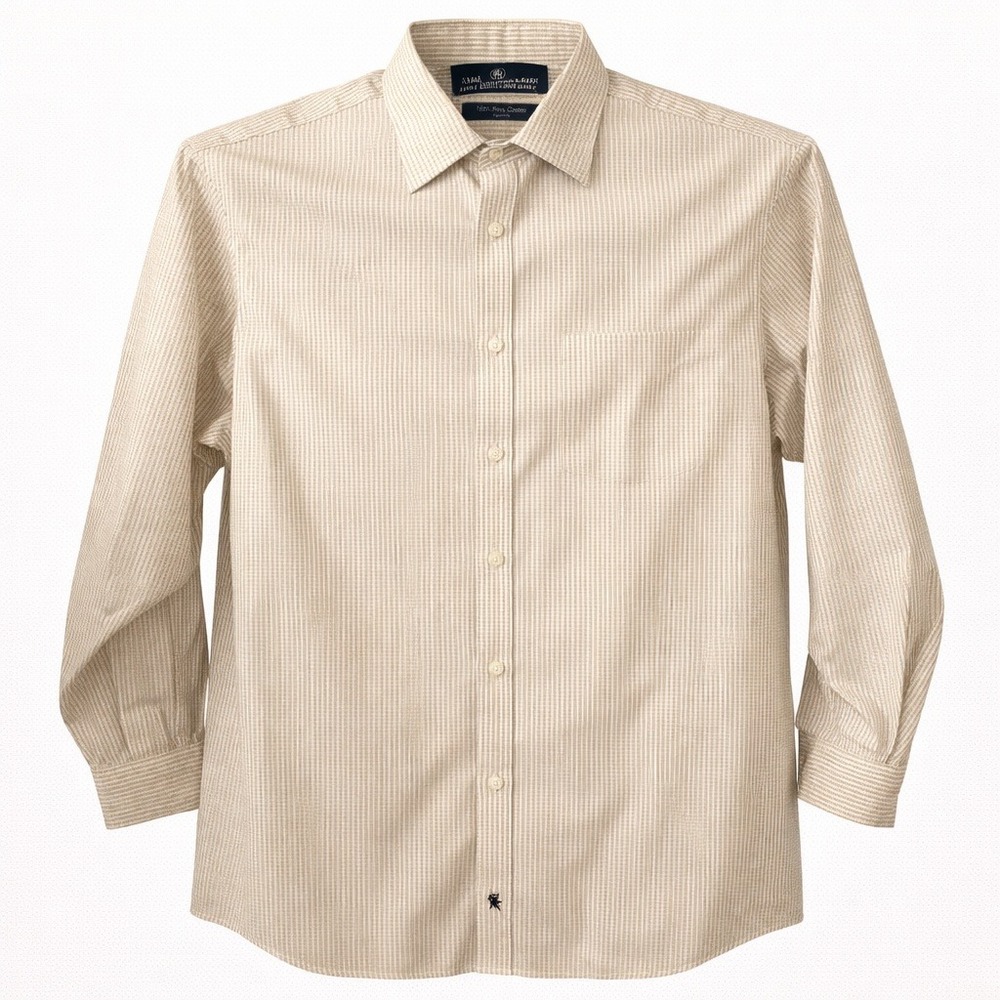 Hart Schaffner Marx Mens 17‎ 35 Tan White Grid 100% Pima Cotton Non-Iron Shirt